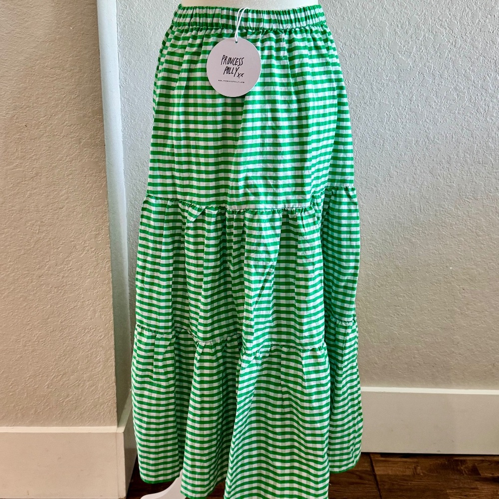 Princess Polly Hale Midi Skirt Green Gingham Checked Tiered Cotton Womens Size 2